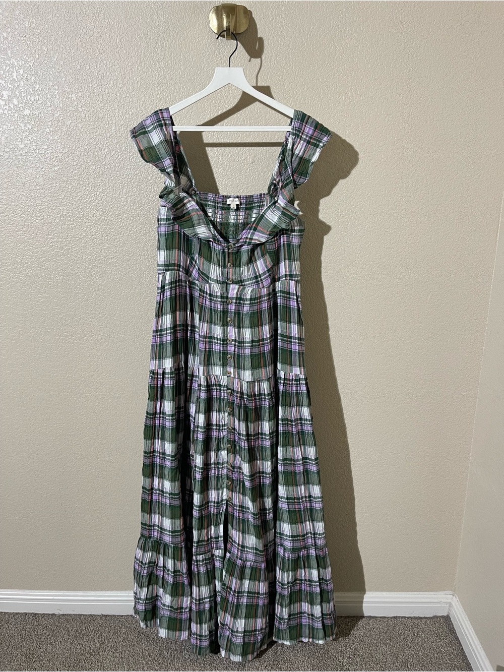 Pilcro Flutter-Sleeve Tiered Maxi Dress in green plaid from Anthropologie Size L